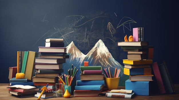 Several books arranged neatly on top of a rustic wooden table