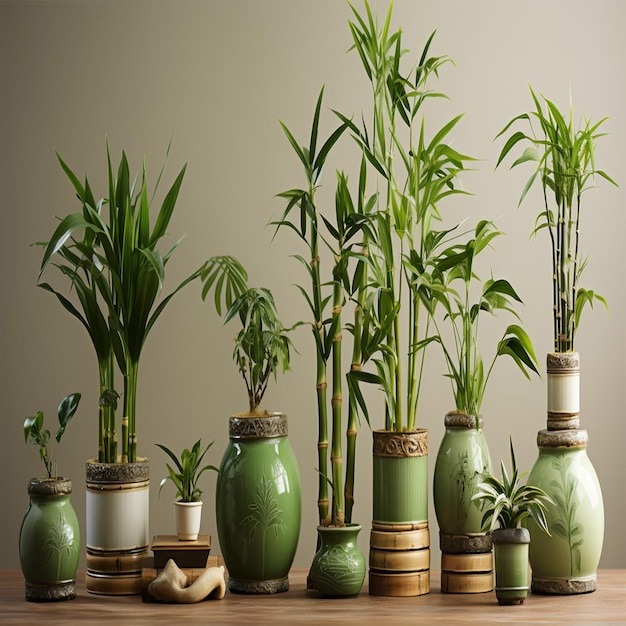 several bottles of bamboo are lined up on a table