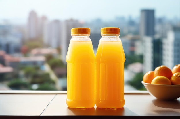 Several bottles of fresh orange juice on the shelf City in the background