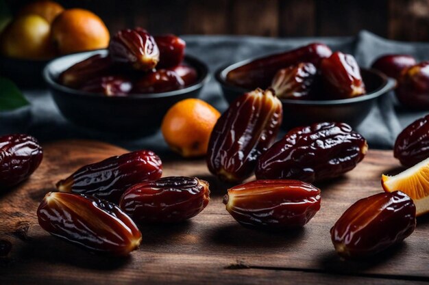 several bowls of almonds and oranges sit on a table