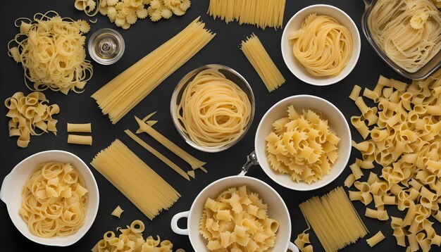 several bowls of pasta are on a black mat with the words pasta on the bottom