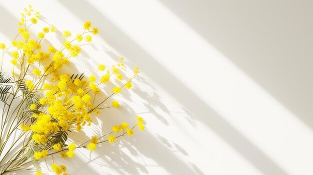 Photo several bunches of mimosa on a light background with shadows aesthetic composition generative ai