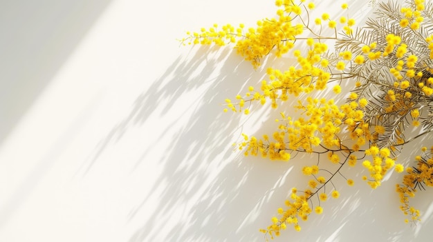 Photo several bunches of mimosa on a light background with shadows aesthetic composition generative ai