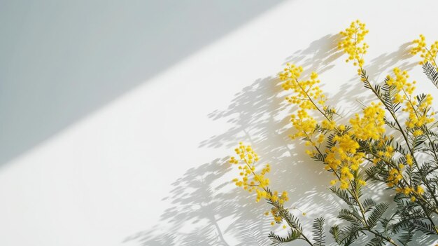 Several bunches of mimosa on a light background with shadows aesthetic composition Generative AI