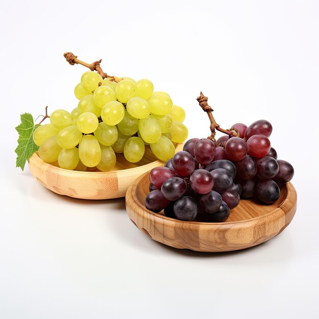 Several bunches of white and red grapes on wooden plates On a white background