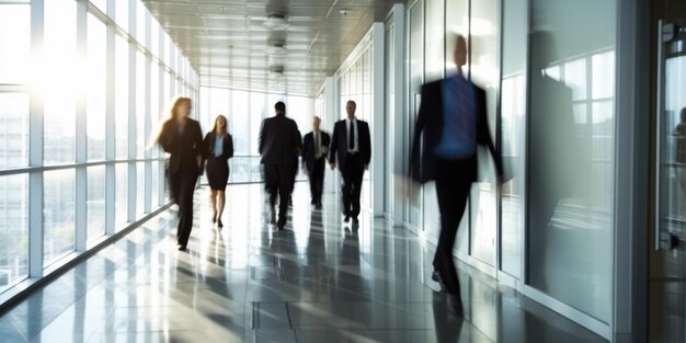 Several business people walk fast motion blur in the corridor of modern office Generative AI AIG18