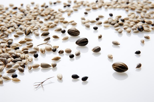 Several cannabis seeds scattered on a white table