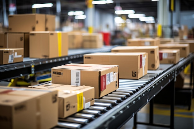 Several cardboard boxes on conveyor belt warehousing logistics concept illustration