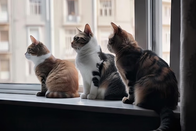 Несколько кошек сидят на подоконнике и наблюдают за внешним миром, созданным с помощью генеративного ИИ