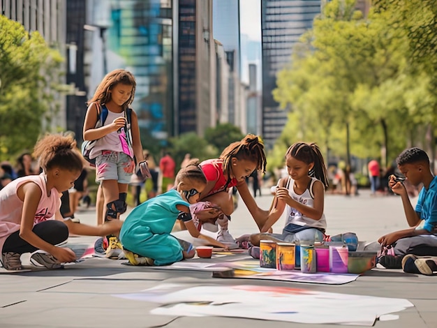 Photo several children are sitting on the ground drawing on the ground