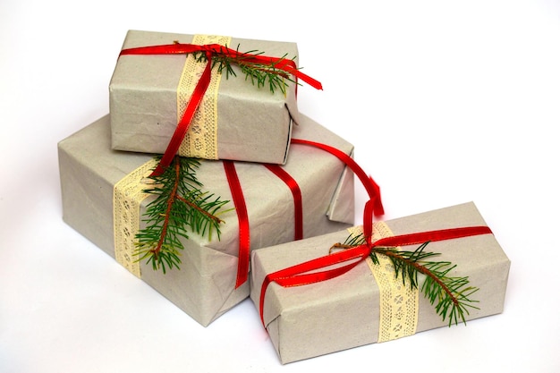 Several Christmas gift boxes retro style on a white