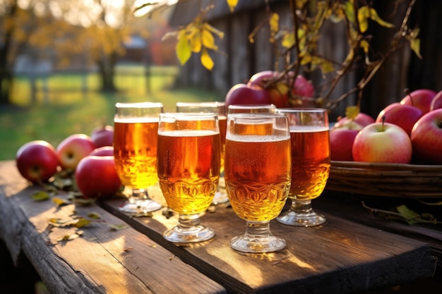 Several cider glasses on a wooden table outdoors