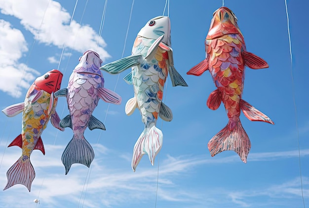 several colored koi fish hanging from a wire near blue sky in the style of psychedelic patchwork