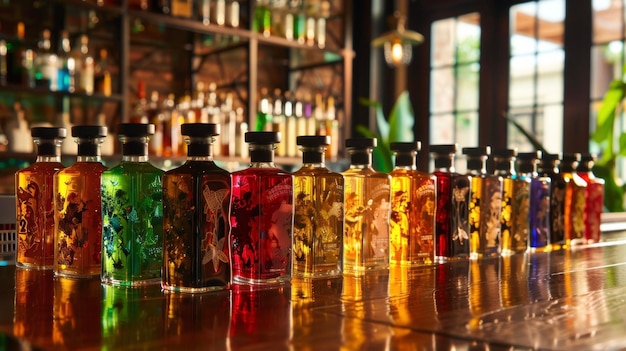 Several colorful bottles lined up neatly on a kitchen counter