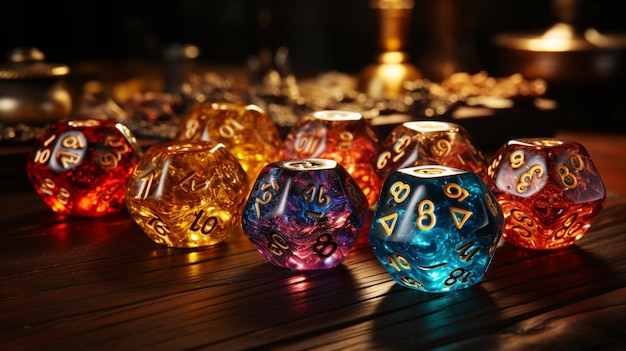 Several colorful dice pieces are lined up on a table generative ai