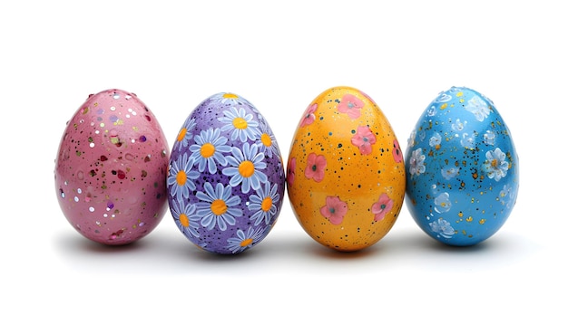 Several colorful easter eggs decorated with vibrant floral patterns placed in row lined up