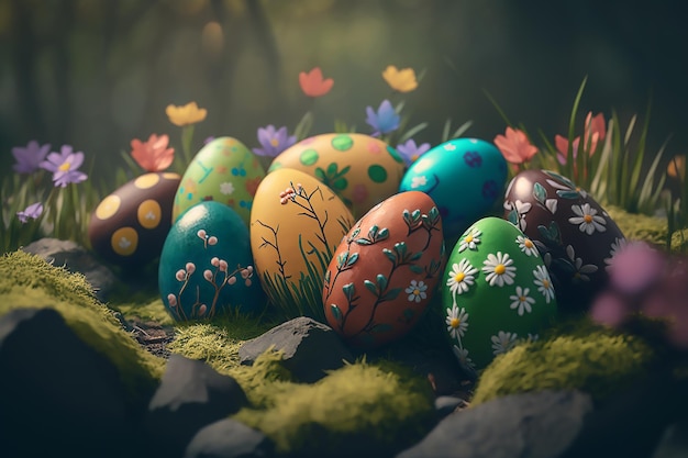 Several colorful Easter eggs lie in the spring among green moss stones and flowers
