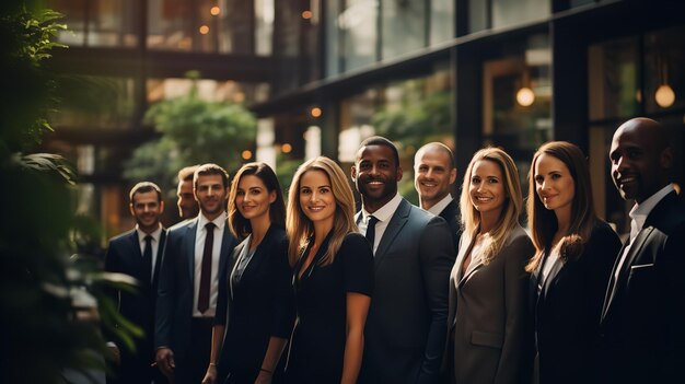 Foto diversi dirigenti aziendali si sono riuniti fuori dall'ufficio per scattare foto.