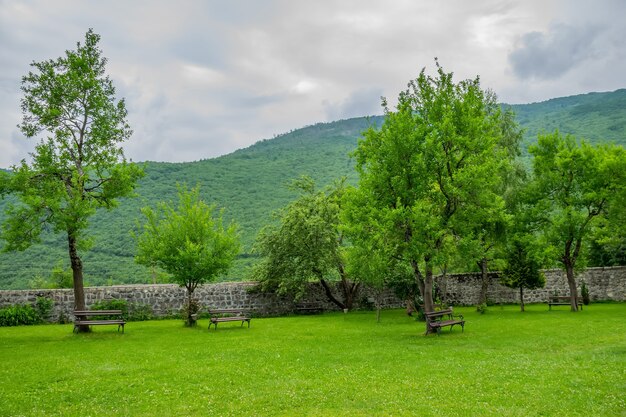 Several cozy benches for tourists are located near the monastery.