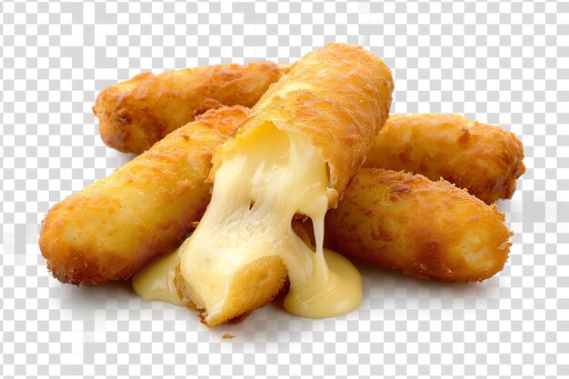 Photo several crunchy breaded deepfried cheese sticks with hot melted cheese seeping through isolated on a clear background cutout clipart generative ai