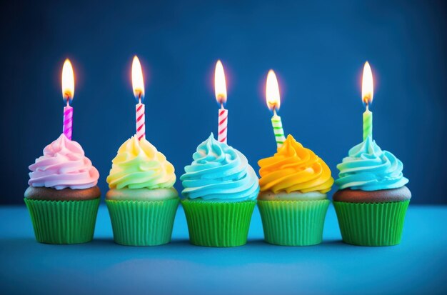 several cupcakes are shown with candles next to some lights