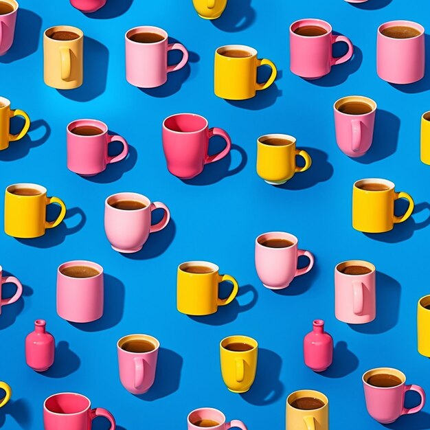 several cups of coffee are lined up on a blue surface generative ai