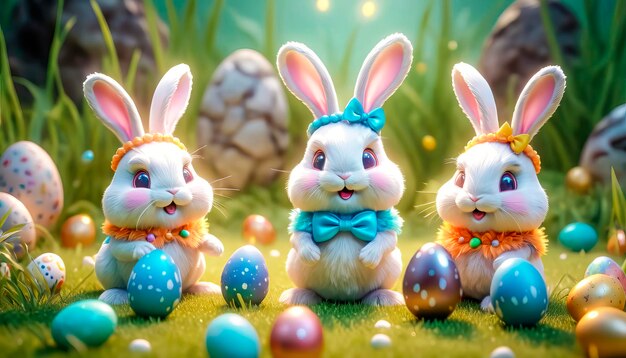 Several cute Easter bunnies are sitting on the lawn surrounded by Easter eggs and sweets