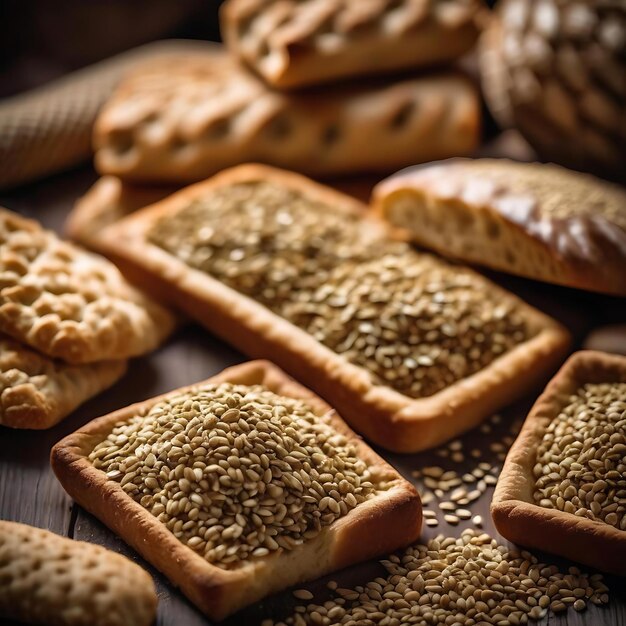 Photo several different types of breads on a table with one that says oatmeal