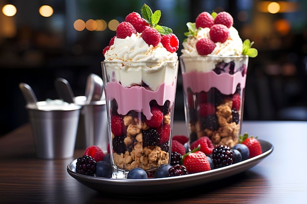 Several different types of dessert and ice cream in glasses with berries generated by AI