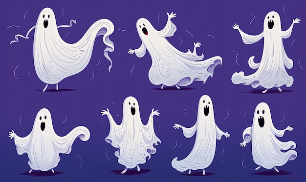 Several different white ghost illustrations against purple background