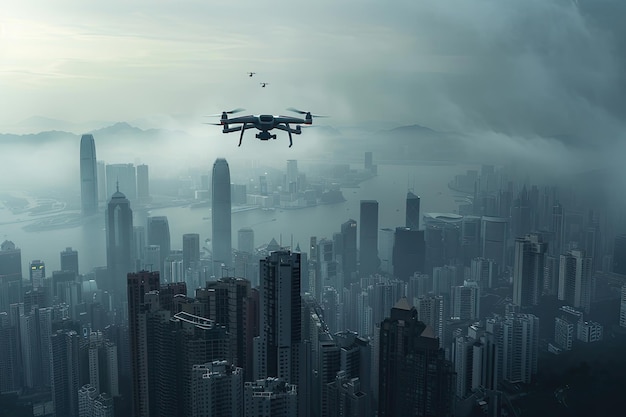 Several drones over a large metropolis