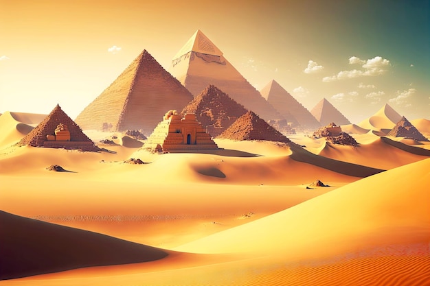 Several egyptian pyramids among endless sands at sunny day