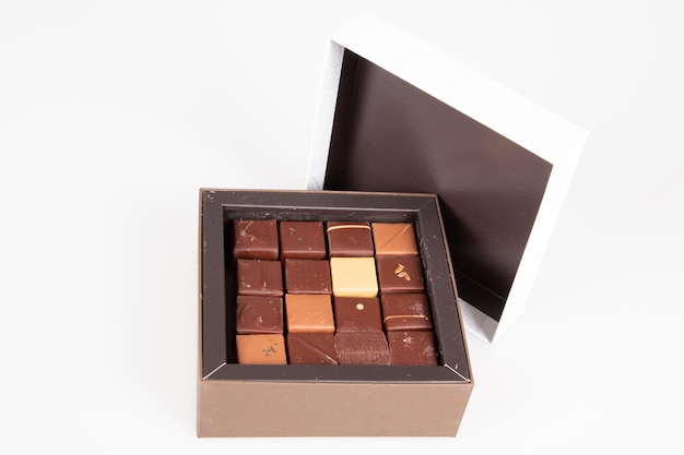 Several fine variety chocolate pralines candies in little gift box