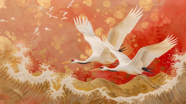 several flying cranes in retro style on red background