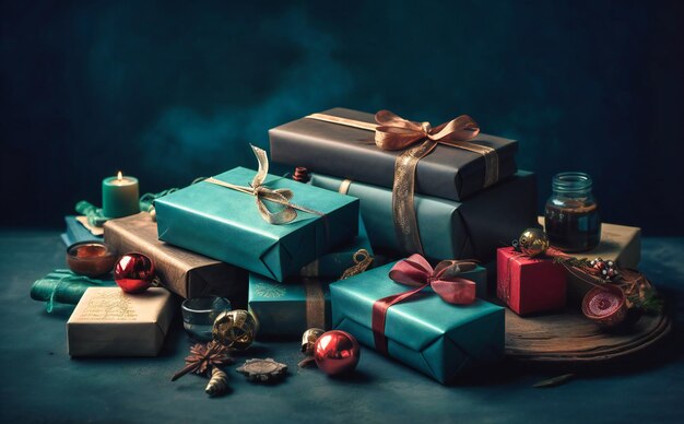 Several gifts arranged on a blue surface