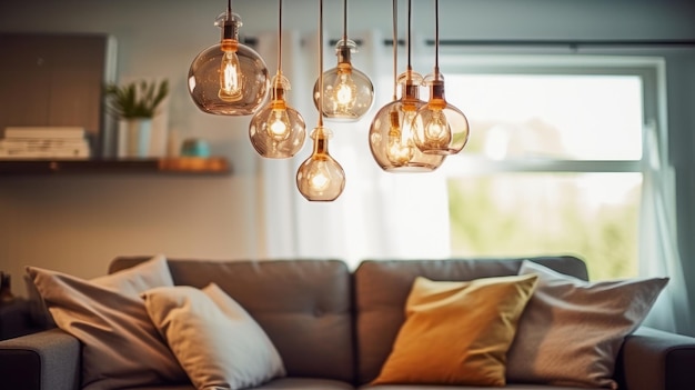 Several glass globeshaped pendant lights above a sofa in a cozy living room Elegant modern interior design with an emphasis on lighting Mockup 3D rendering