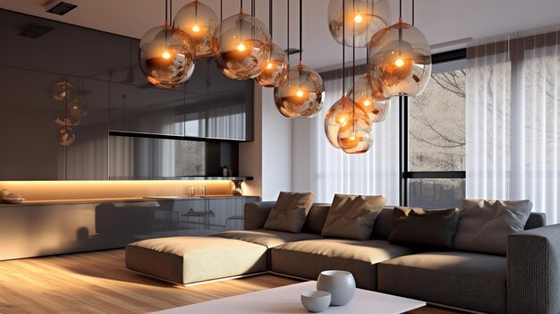 Several glass globeshaped pendant lights above a sofa in a cozy living room elegant modern interior