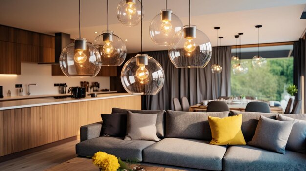 Several glass globeshaped pendant lights with edison lamps above a sofa in a cozy living room elegan