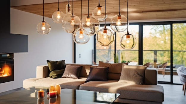 Несколько стеклянных глобусообразных подвесных фонарей с лампами Эдисона над диваном в уютной гостиной Элегантный современный дизайн интерьера с акцентом на освещение Мокет 3D-рендерирования