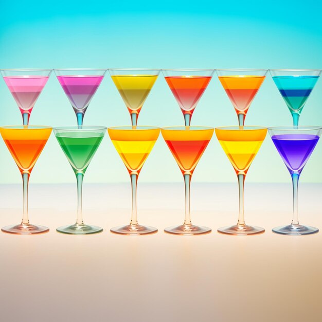 Photo several glasses of different colored drinks are lined up in a row generative ai