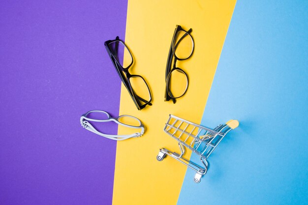 Several glasses and shopping trolley a store of glasses and frames for glasses