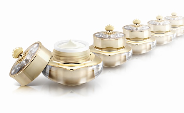 Several golden crown cosmetic jars