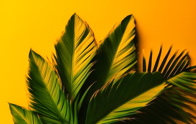 Several green palm leaves on a yellow background