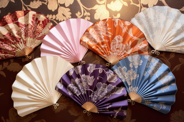 Several hand fans with different patterns on a silk fabric