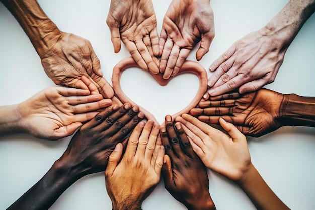 Foto diverse mani stanno tenendo una forma di cuore in un cerchio generativo ai