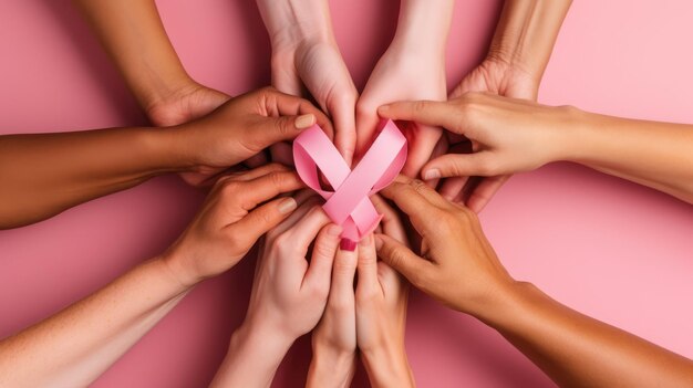 several hands bringing together a pink health ribbon