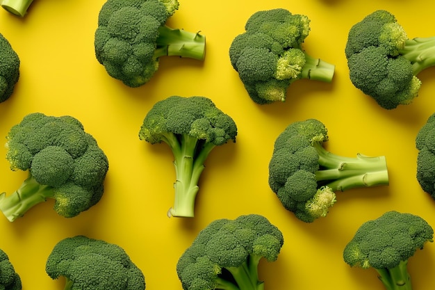 Foto diverse teste di broccoli disposte su uno sfondo giallo brillante