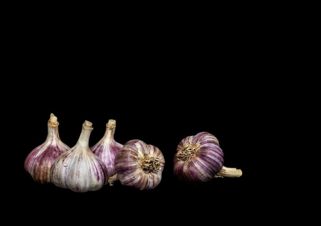 Diverse teste d'aglio su sfondo nero