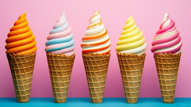 Several ice cream cones with different colors of swirled toppings generative ai