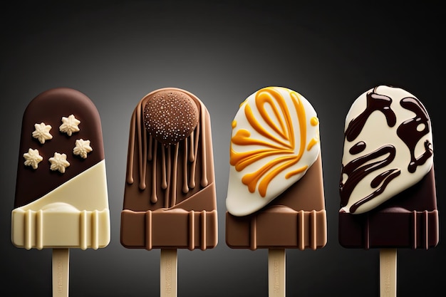 Several ice cream flavors both chocolate and vanilla served on a stick